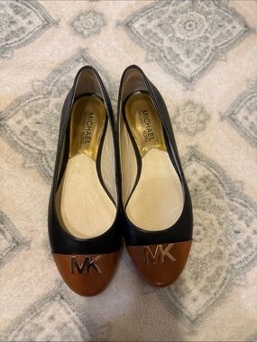 Michael Kors Black and Brown MK Logo Cap Toe Flats with original box